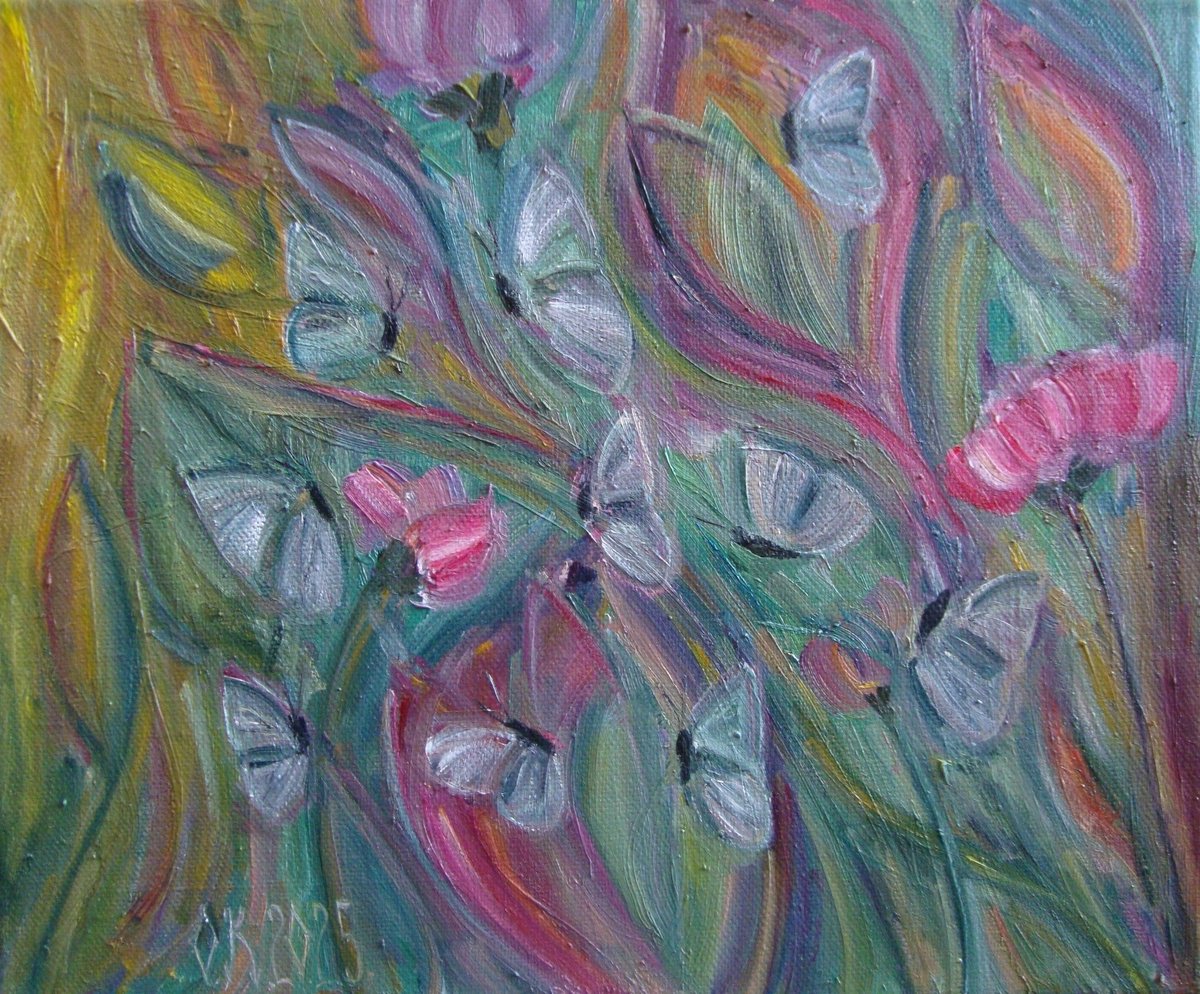 Abstract Animal Oil Painting By Olga Knezevic, 12 X 10", Gentle Garden, Original Artwork