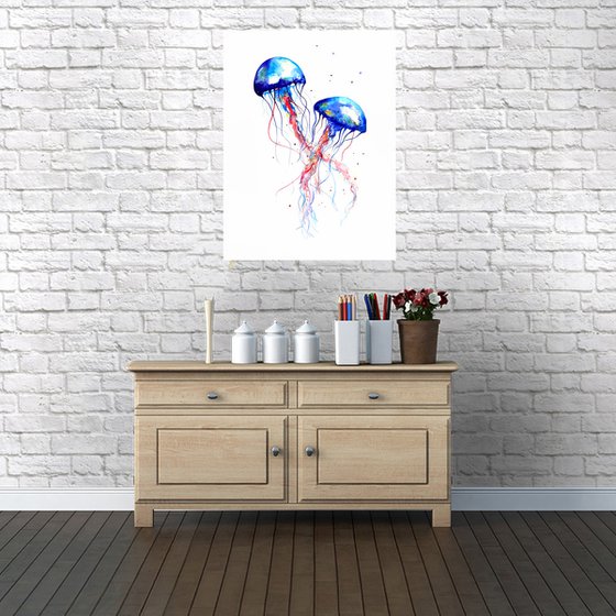 Jellyfish watercolor painting, Sea jellyfish, Watercolor art, Sea world, Wall decor, Nursery