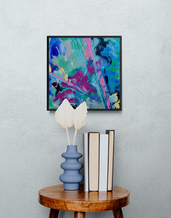 Abstract painting - "Blue reflection" - Abstraction - Geometric - Space abstract - Small painting - Bright abstract - Blue and Pink