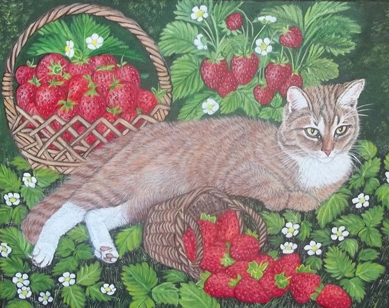 Cat and strawberries