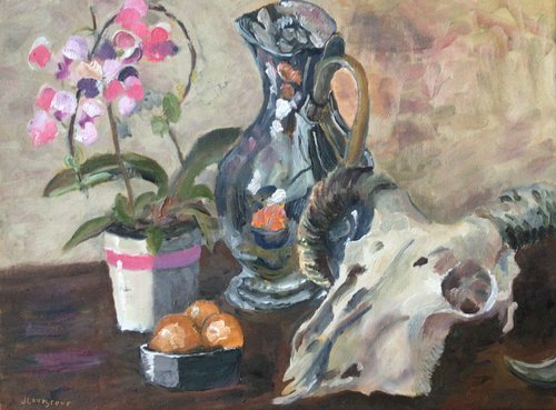 Vase of Orchids, silver coffee pot, bowl of fruit and a rams head skull, painting by Julian Lovegrove Art