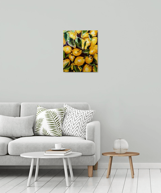 Lemons, oil painting, still life. Palette knife painting on canvas.