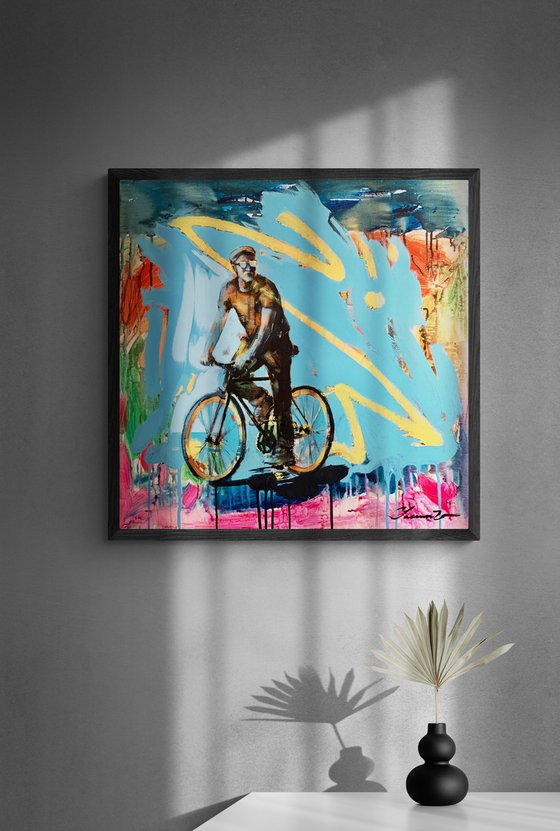 Bright painting - "Ukrainian cyclist" - Urban Art - Pop Art - Bicycle - Street Art