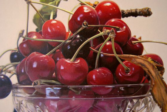 Still life with cherries , Original oil on canvas painting