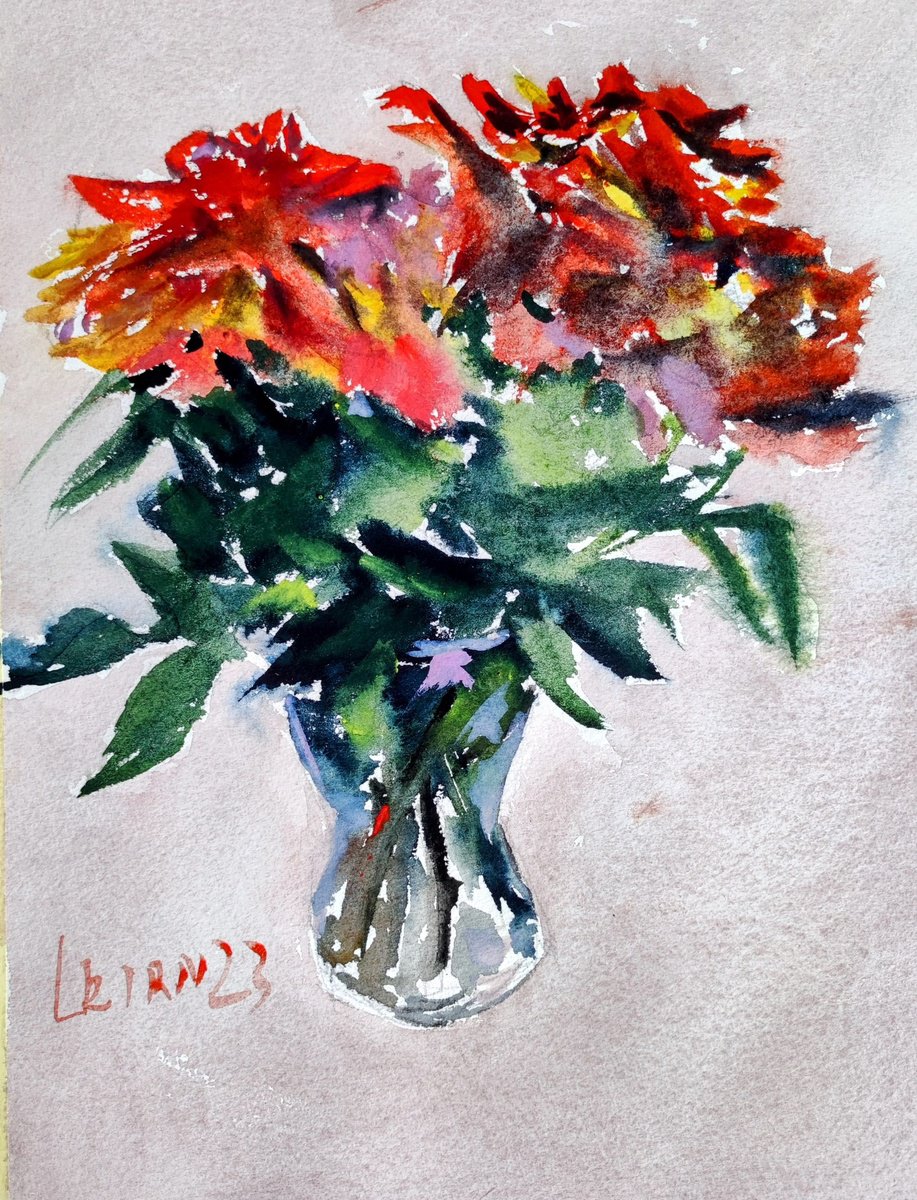 Impressionistic Botanical Watercolour By Leonid Kirnus, 10 X 14", Roses, Original Artwork