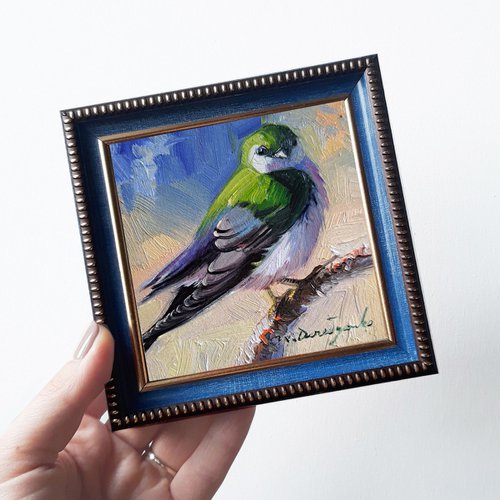 Small bird oil painting original in frame 4x4, Green Swallow bird picture framed by Nataly Derevyanko