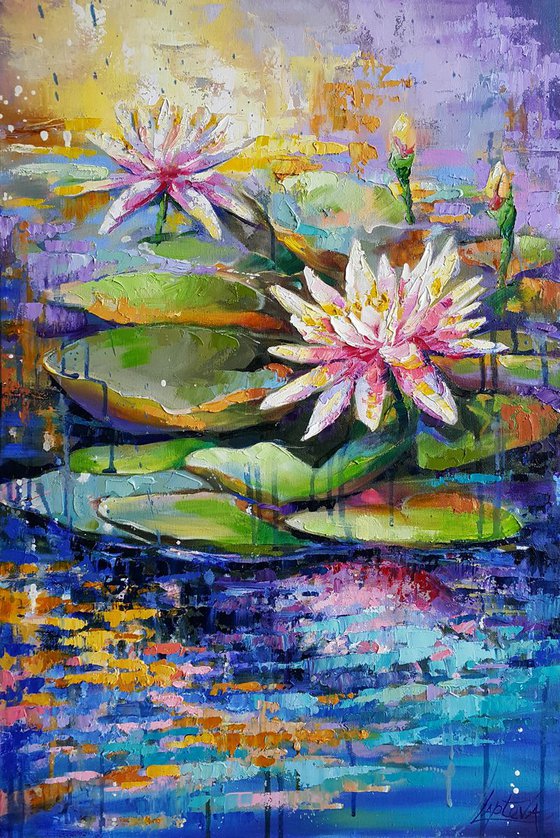 Water lilies, lily pond painting original oil impasto