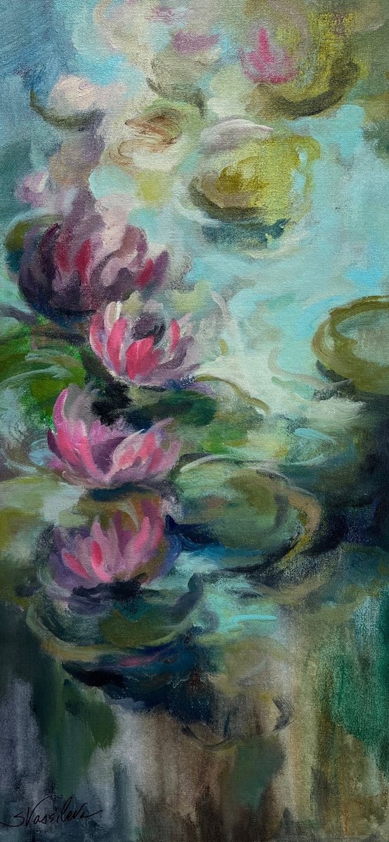 Impressionistic Botanical Acrylic Painting By Silvia Vassileva, 15 X 30", Pink Water Lilies I, Original Artwork