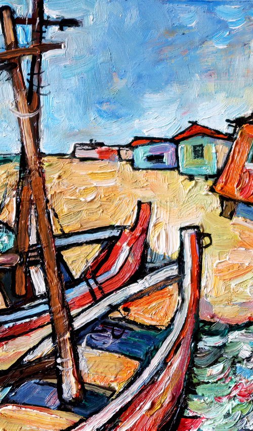 Fishing boats and home. by Nikifor Swiristuhin