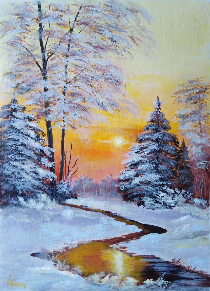 Sunset over a winter stream by Liubov Samoilova