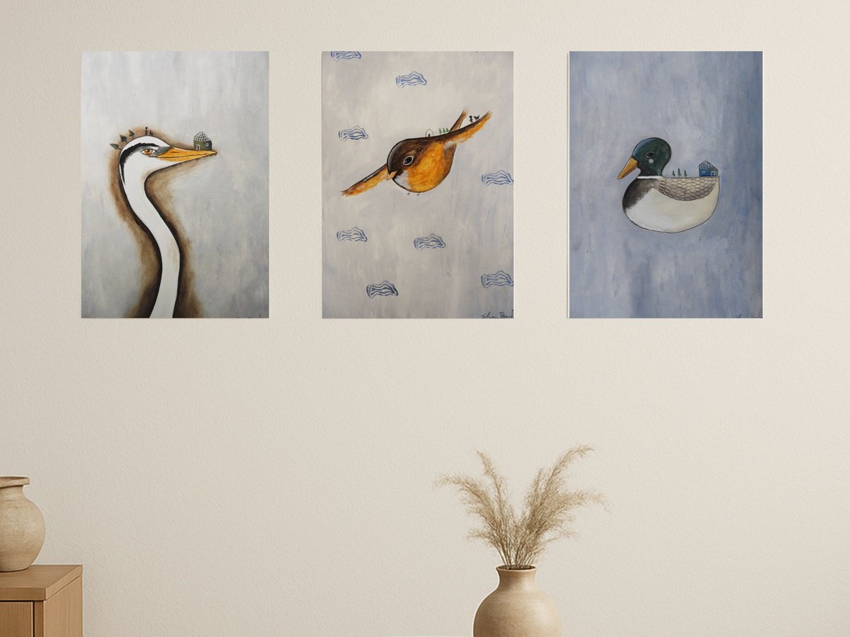 Illustrative Portrait Oil Painting By Silvia Beneforti, 25 X 12", Freaky Animals, Set Of 3, Original Artwork