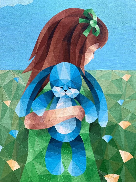 GIRL IN A FLOWER FIELD WITH A BLUE RABBIT