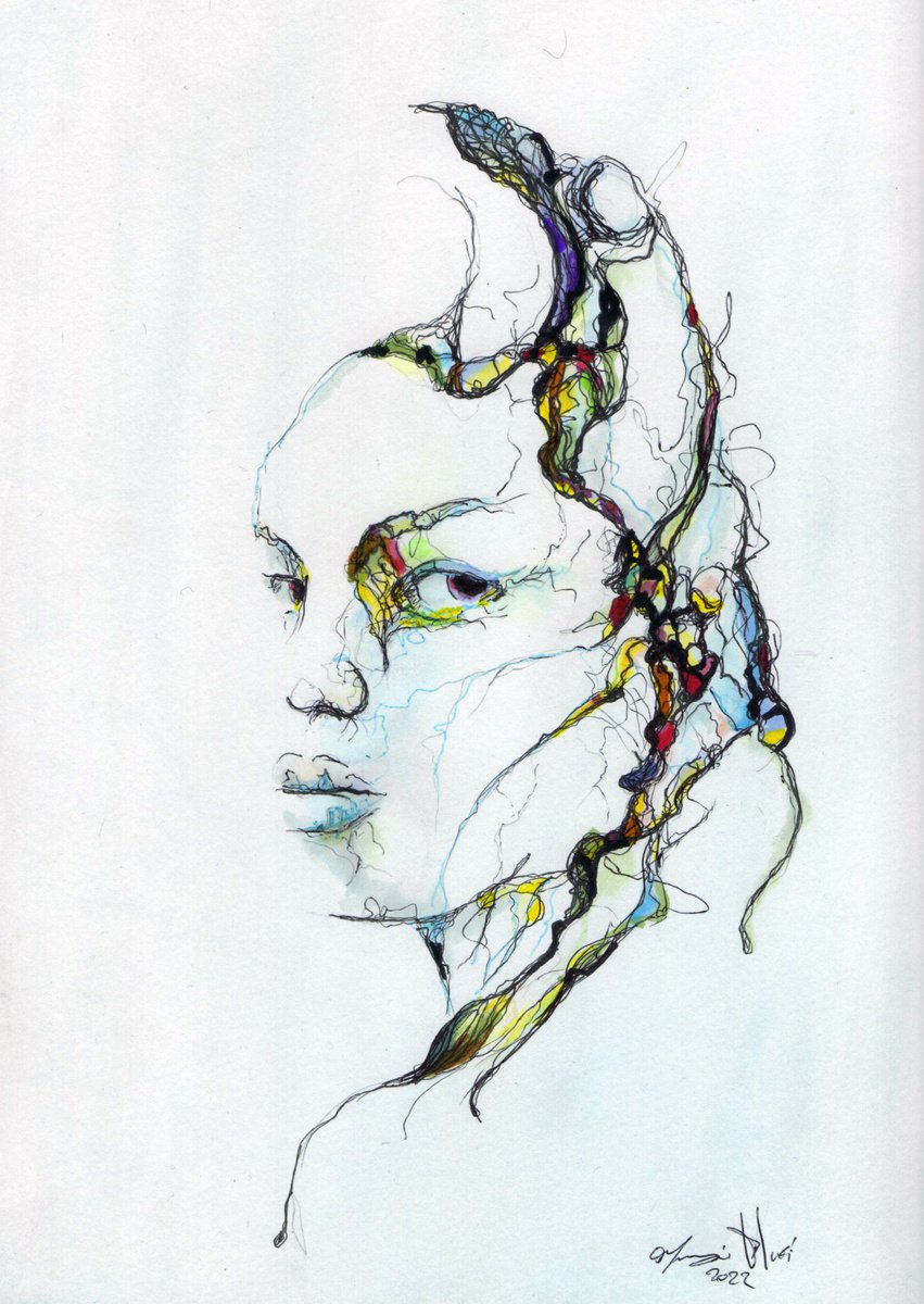 Urban And Pop Portrait Ink Drawing By Maurizio Puglisi, 8 X 12", Cheyenne, Original Artwork