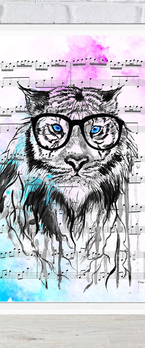 Tiger with glasses, watercolor on sheet music by Luba Ostroushko