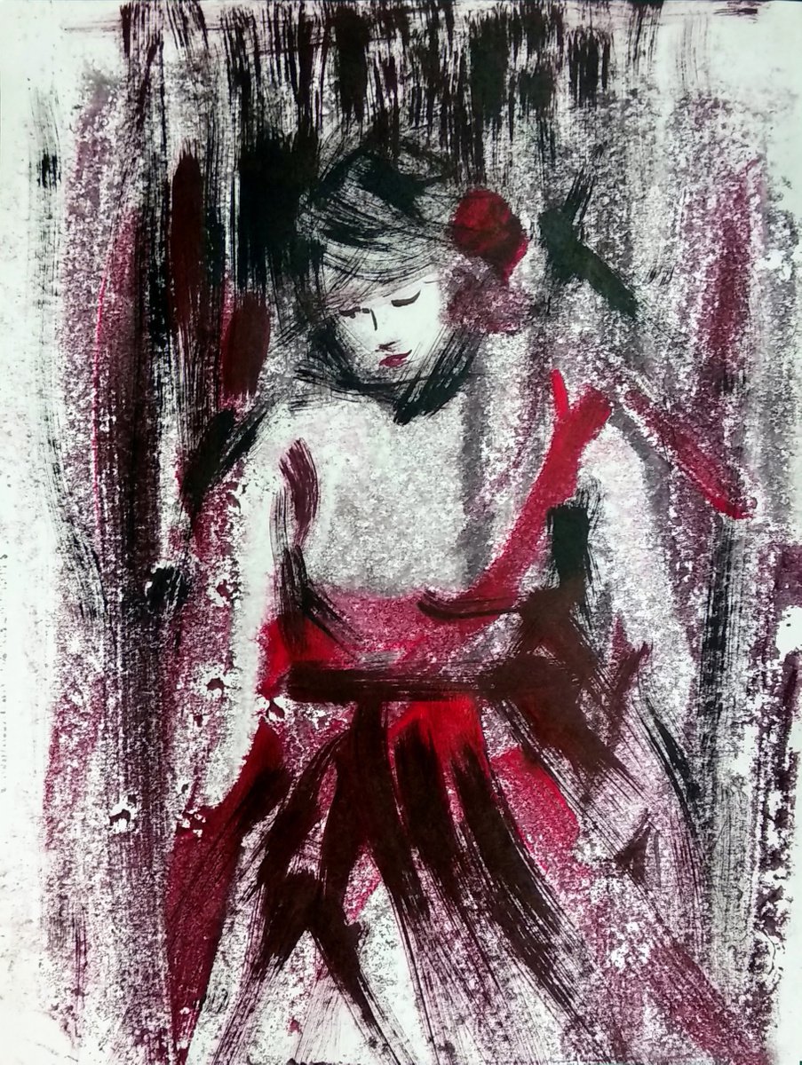 Woman in Red 4 Woman waiting - Monotype by Asha Shenoy