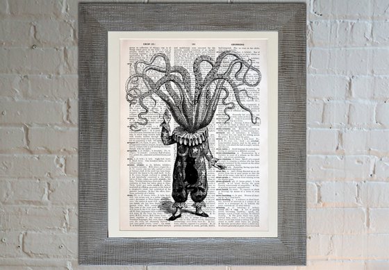 Octopus Astronomer - Collage Art Print on Large Real English Dictionary Vintage Book Page