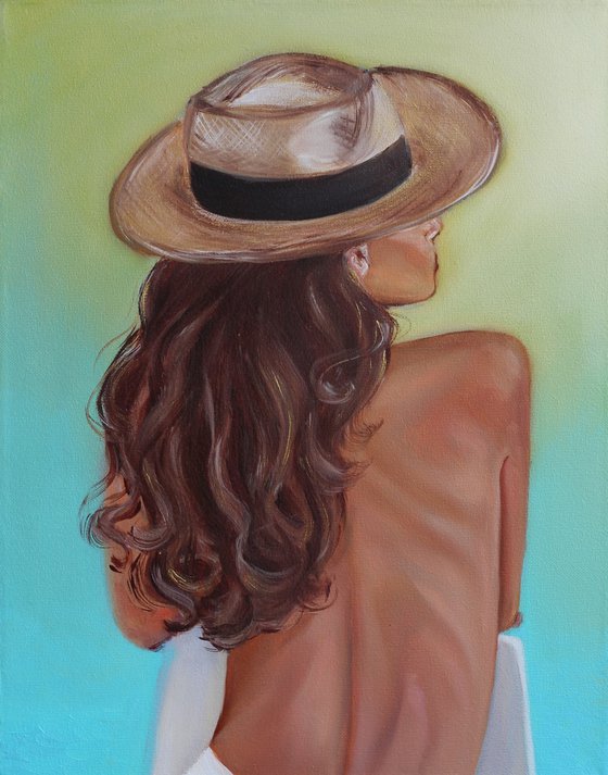 Summer painting Woman with hat art