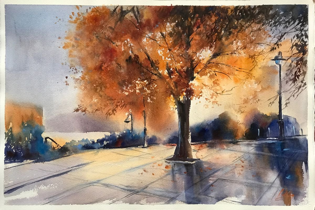 Impressionistic Landscape Watercolour By Sophie Rodionov, 22 X 15", Autumnal Landscape, Original Artwork
