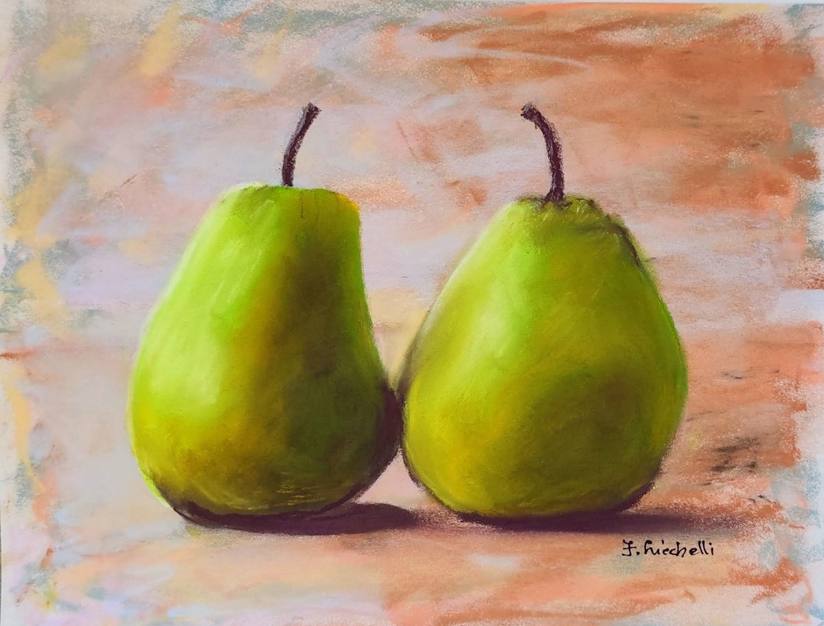Pear painting soft pastel original drawing green pears wall art painting for kitchen count... by Francesca Licchelli