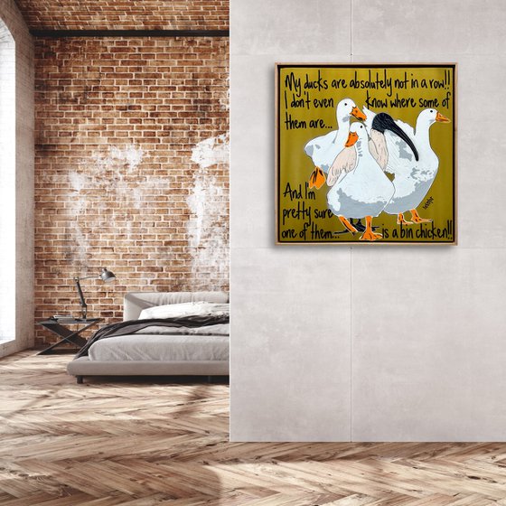 Ducks in a Row Gold Bin Chicken Framed