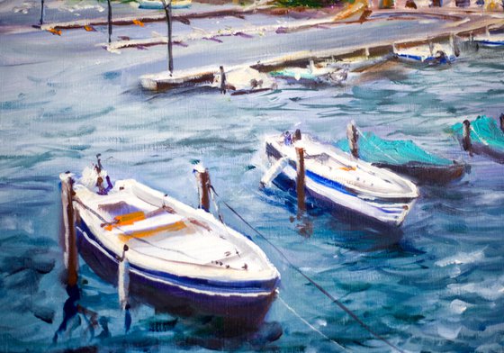 Ascona marina. Stormy weather in Swiss lake. Lago Magiore original oil painting switzerland seascape boats medium size blue landscape interior