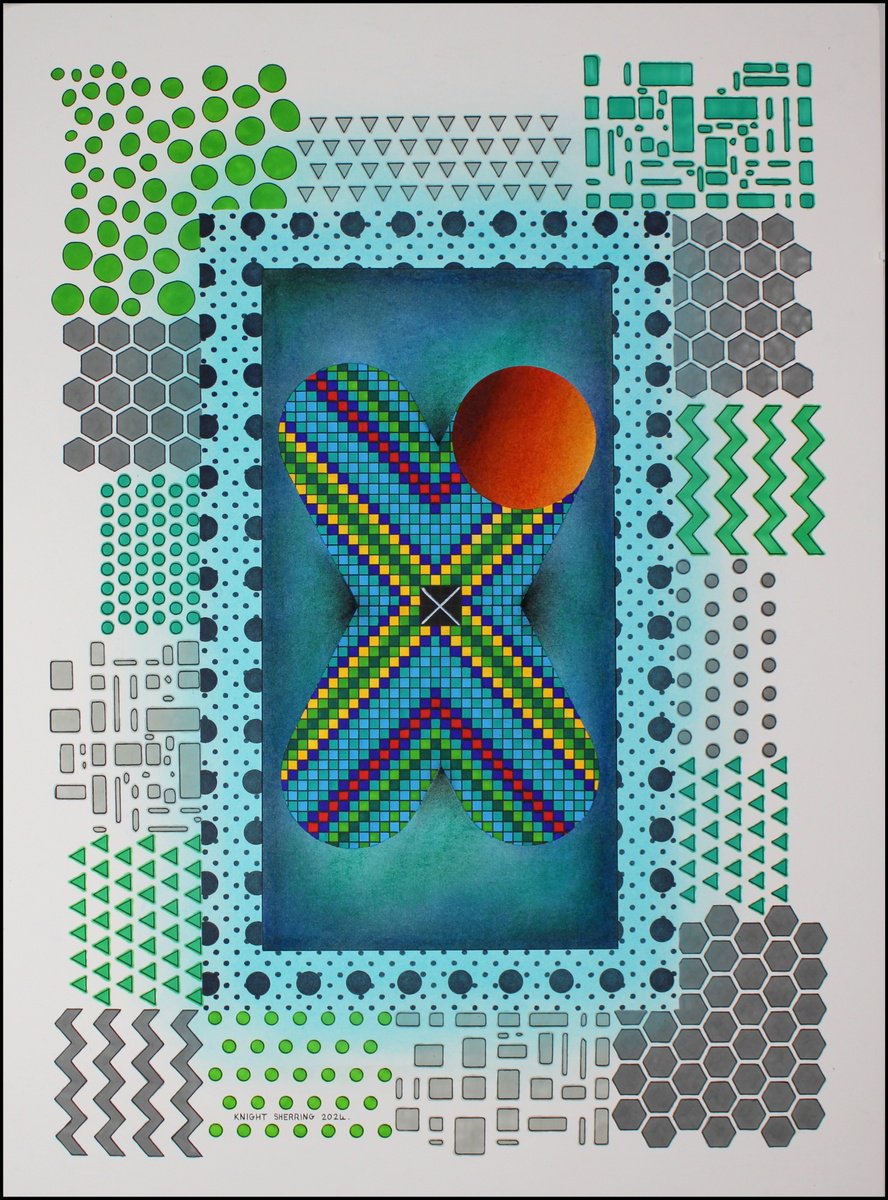 Geometric Abstract Ink Drawing By Knight Sherring, 22 X 30", Spot Marks The X., Original Artwork