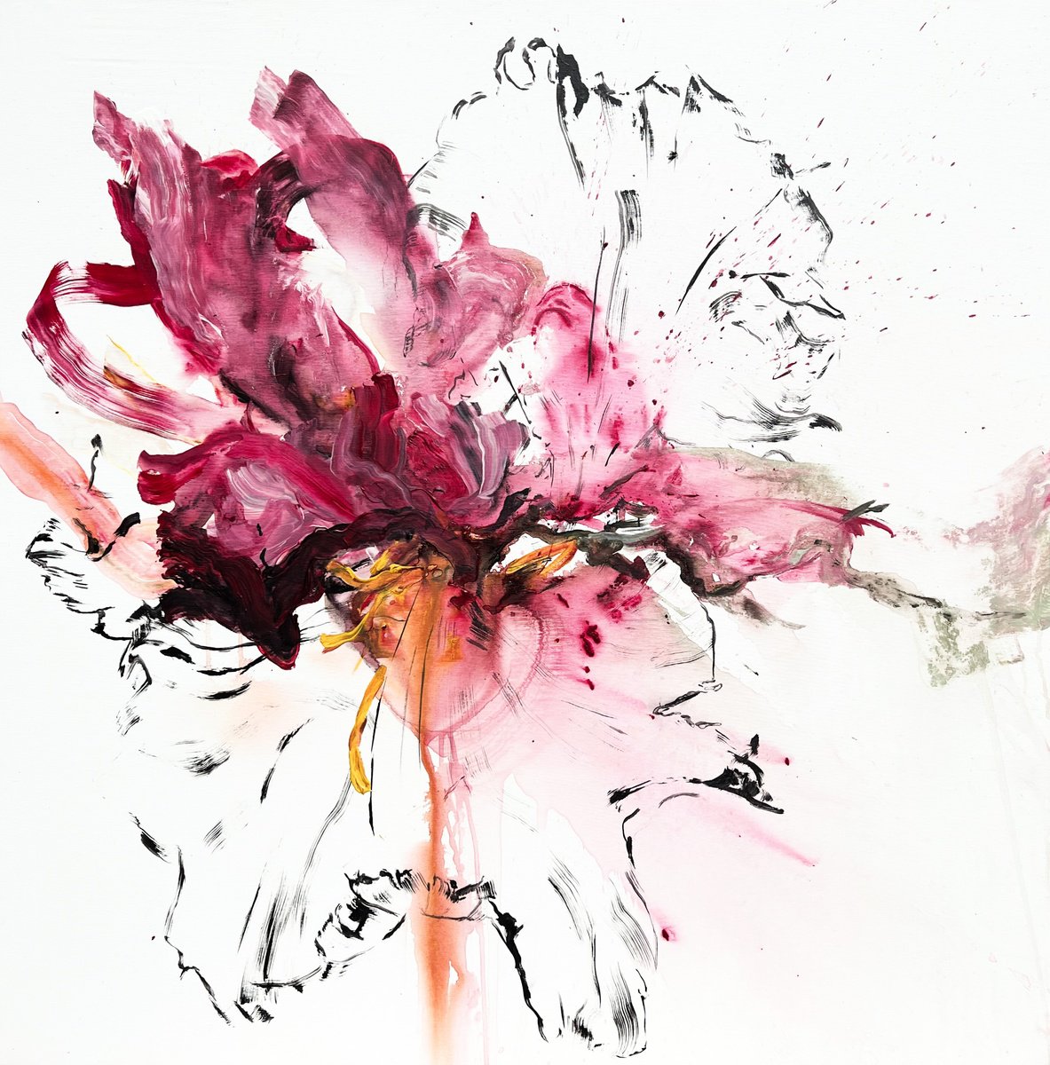 Abstract Botanical Acrylic Painting By Rosi Roys, 39 X 39", Pink Flower 9, Original Artwork