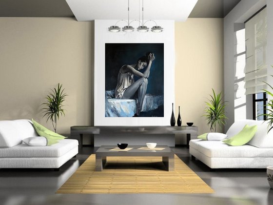 " Black and White Beauty " - 80 x 100cm Original Oil Painting Black and White to Dark Blue