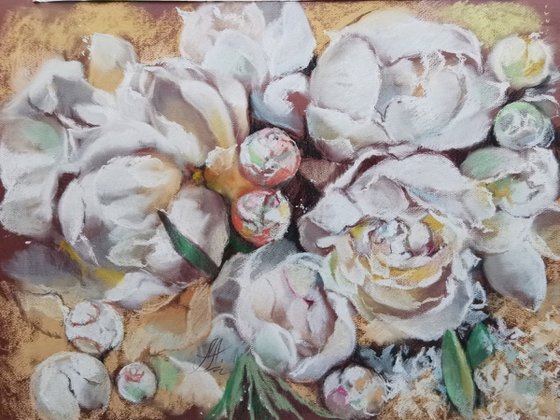 Peonies large drawing on paper, Flowers painting