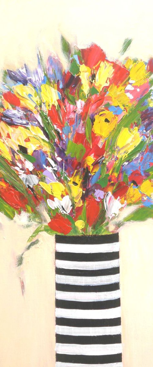 Summer Flowers in Striped Vase by Jan Rippingham