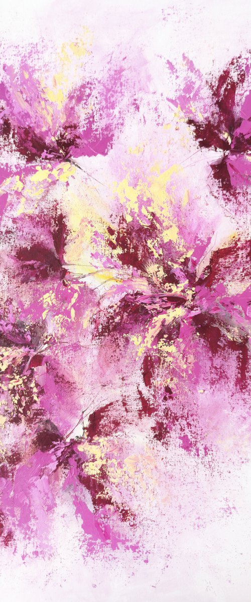 Purple abstract flowers, oil floral painting by Olga Grigo