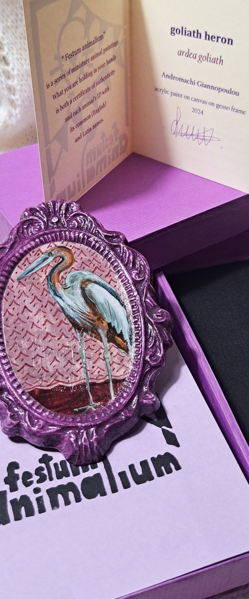 Goliath heron, part of framed animal miniature series "festum animalium" by Andromachi Giannopoulou