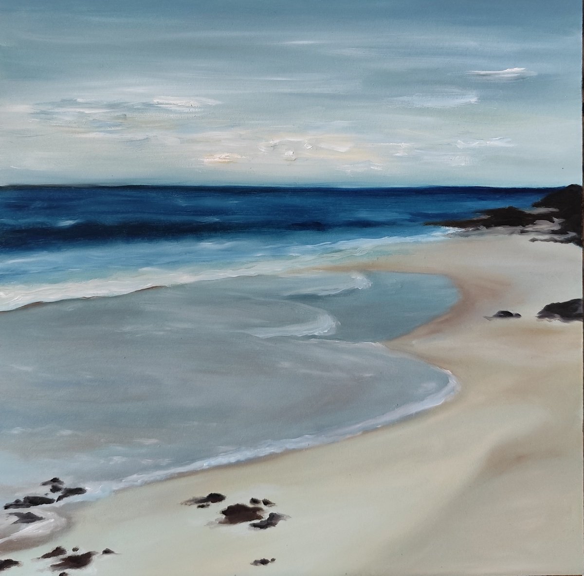 Photorealistic Landscape Oil Painting By Veronica Ciccarese, 13 X 13", Same Beach, Same Sea, Original Artwork