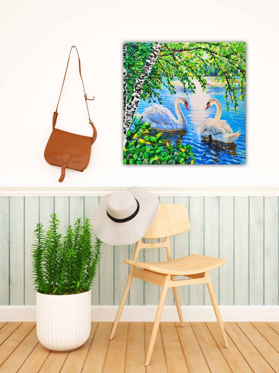 Two beautiful white swans in love on a summer lake (pond).  Decorative acrylic painting with precious stones. City landscape. Positive sunny good mood warm artwork. A wonderful gift for a couple, lovers, Wedding, Anniversary