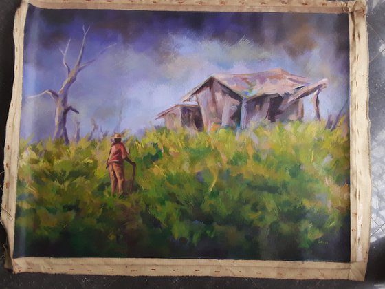 Once there was a cottage, green landscape art