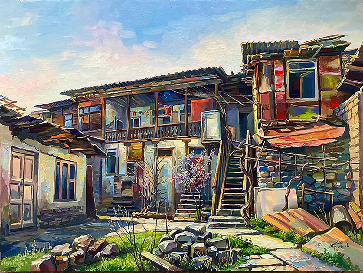 Impressionistic Cityscapes Oil Painting By Meruzhan Khachatryan, 31 X 24", Warm Yard In Kond, Yerevan, Original Artwork