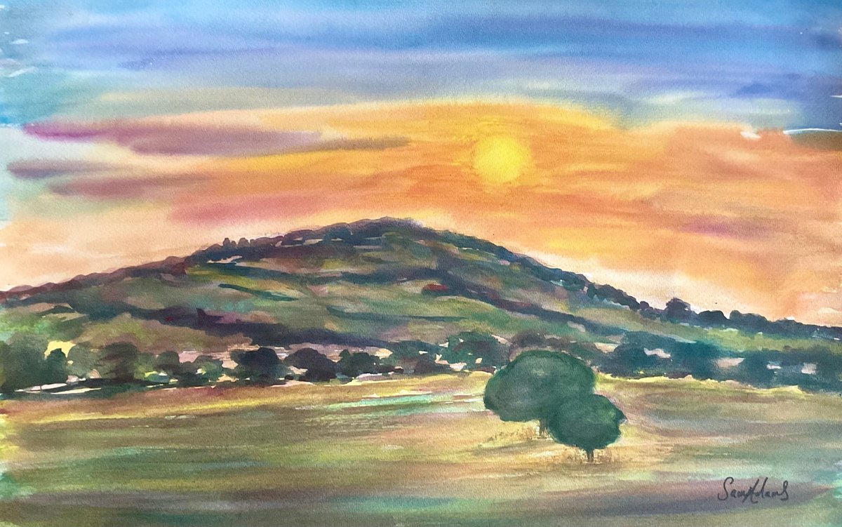 Impressionistic Landscape Watercolour By Samantha Adams, 19 X 13", Duncliffe Hill Sunset, Dorset, Original Artwork