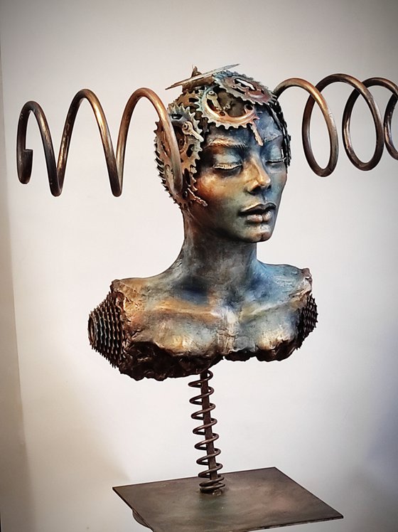 "Cyborg Woman" Unique mixed media sculpture 67x60x33cm.