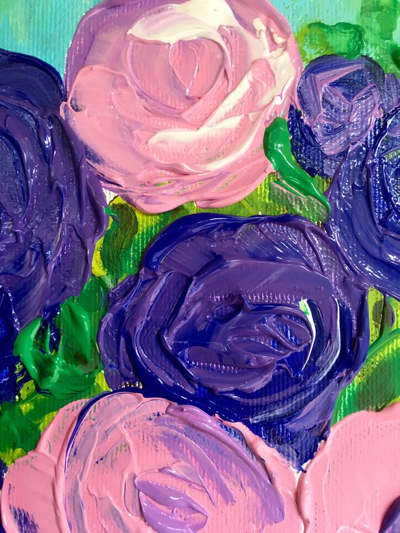 BOUQUET OF Purple and pink Roses  #7 palette  knife Original Acrylic painting office home decor gift