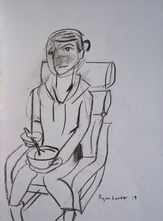 Eating Breakfast Charcoal On Paper A3 16.5 x 11.7