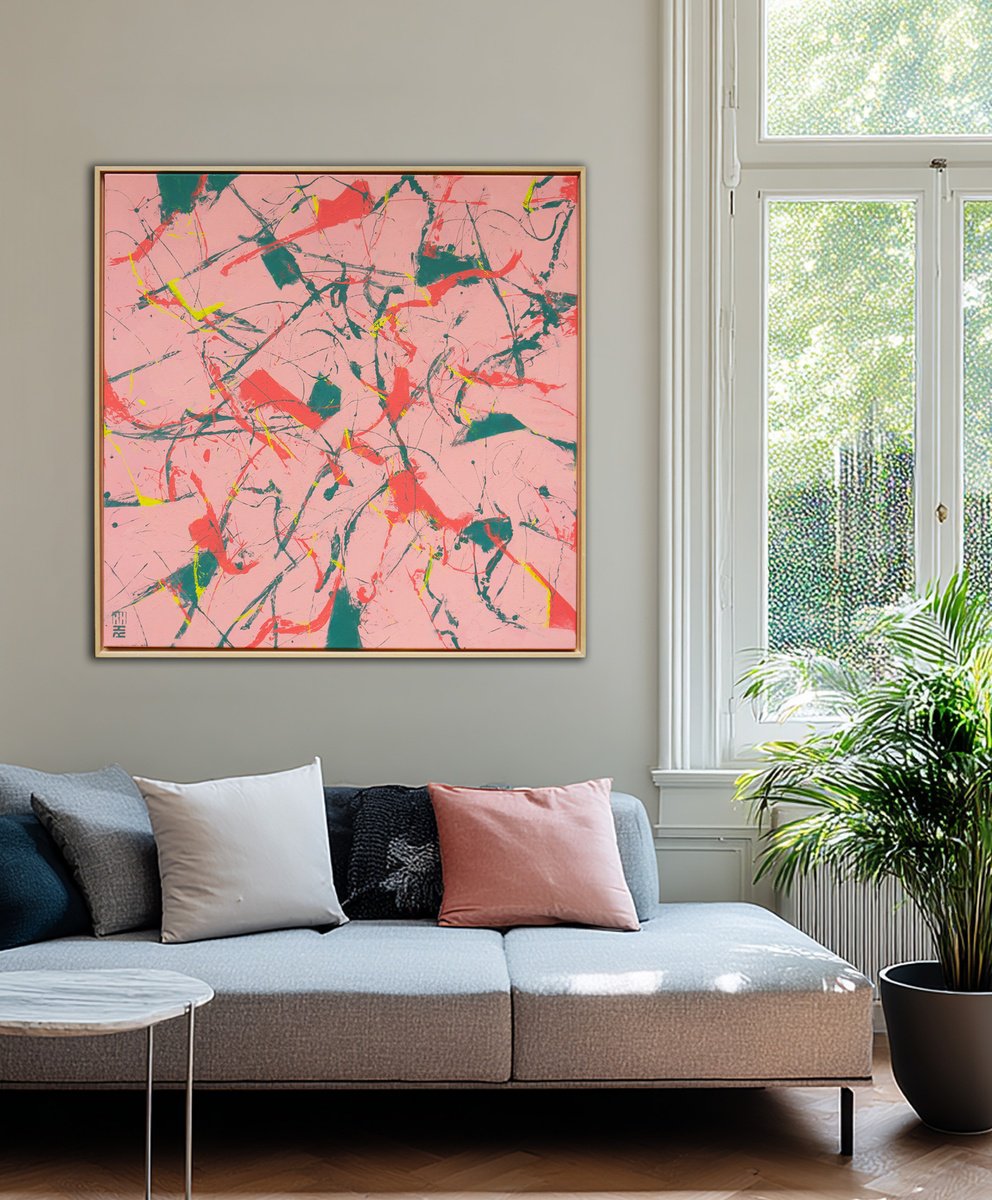 Abstract Acrylic Painting By Ronald Hunter, 35 X 35", Fragmenst Pink Square, Original Artwork