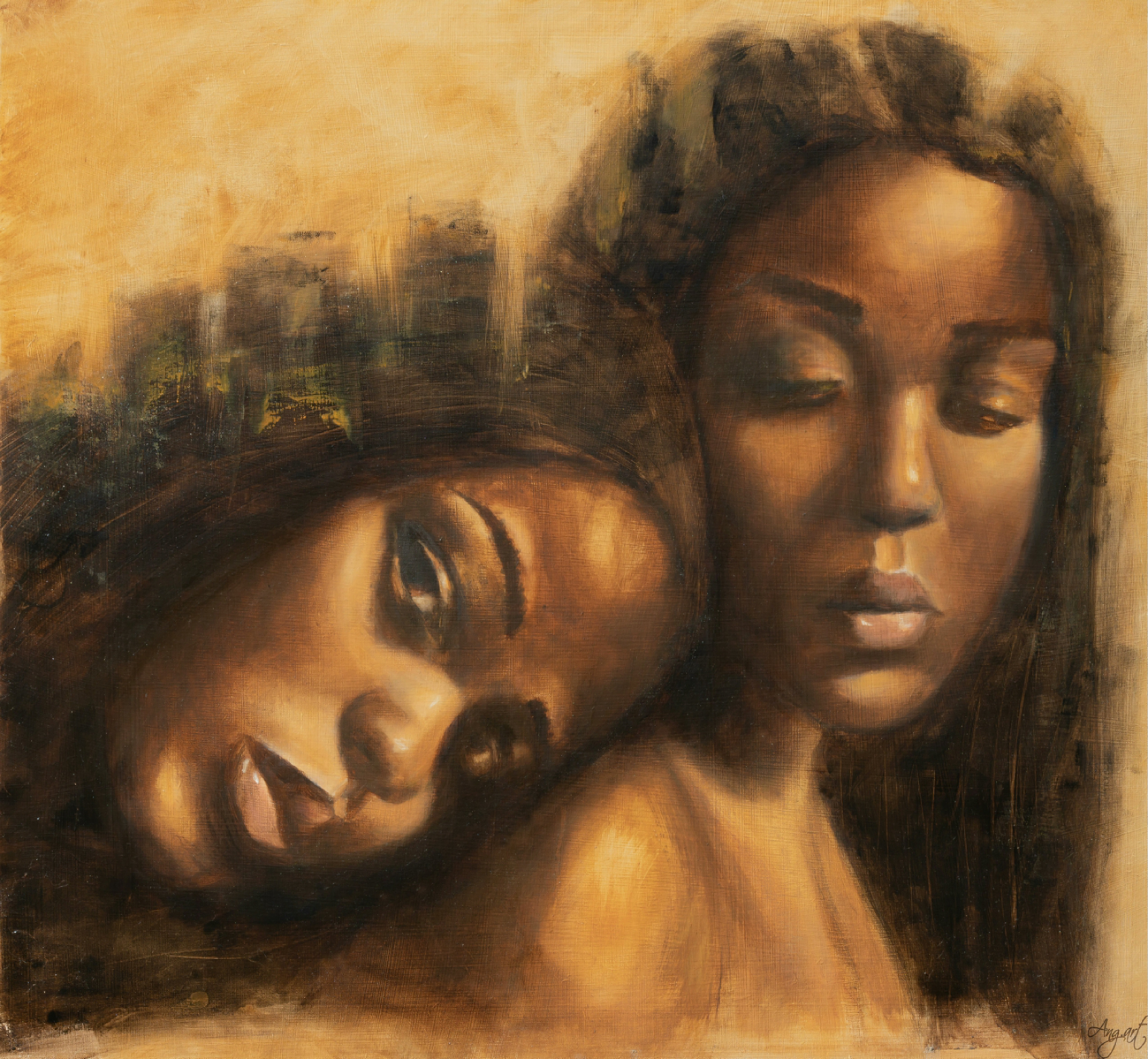 Impressionistic Portrait Oil Painting By Angela Suto, 27 X 25, Twin Souls, Original Artwork