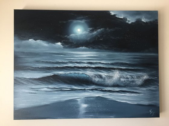 Moon Beam/ Full Moon over the Ocean Painting