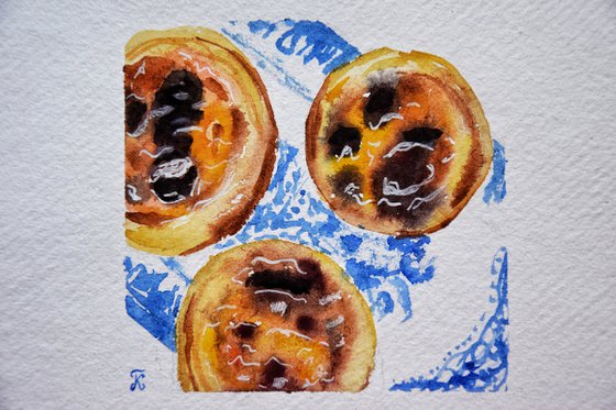 Watercolor painting Portuguese food, Lisbon cake original painting, Pastel de Nata art, kitchen wall art