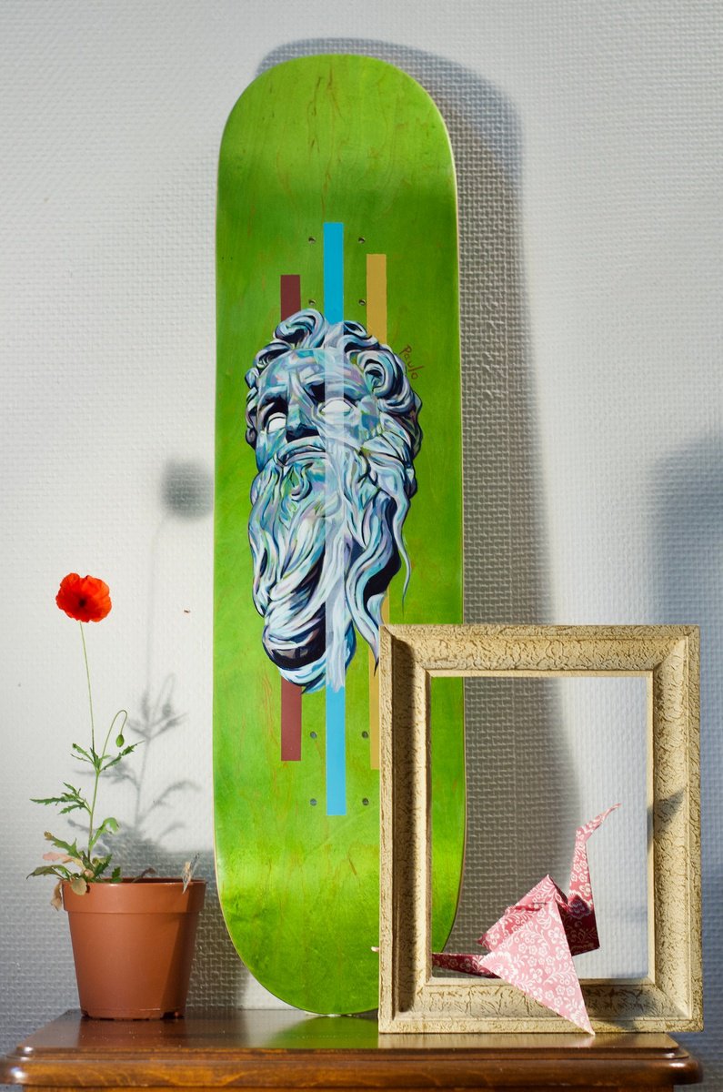 Impressionistic Still Life Acrylic Painting By Paul Ward, 8 X 31", Montmartre Cemetery Skateboard, Original Artwork