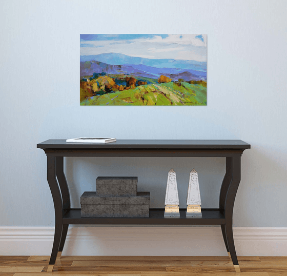 Sunny day . Mountain fields . Original oil painting