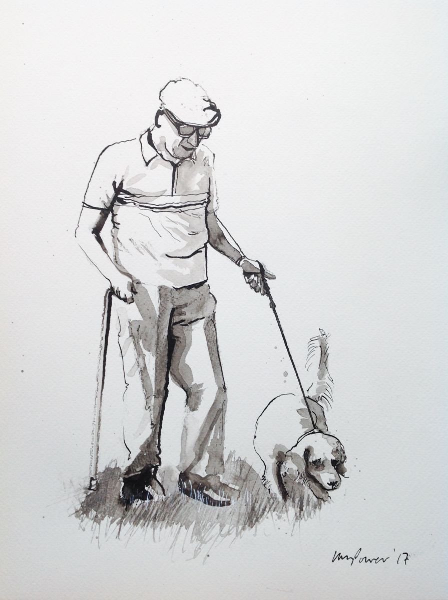 Dog walking #02 - ink drawing by Luci Power