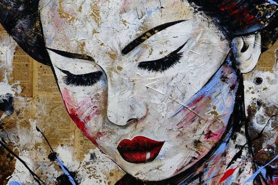 Sakura Blue 140cm x 100cm Geisha Book Page Textured Abstract Realism Art