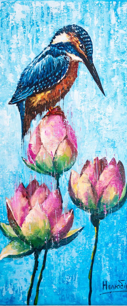 Kingfisher with water lilies by Aleksandr Neliubin