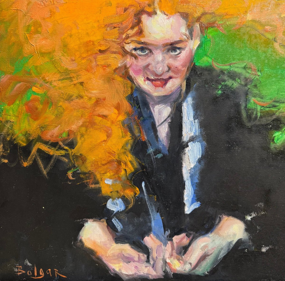 Portrait Oil Painting By Olga Bolgar, 13 X 13", The Red-Hair Beast, Original Artwork